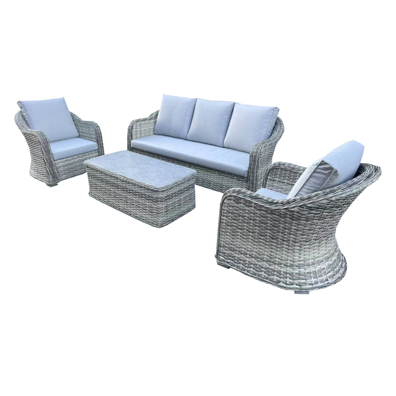 4 Piece Grey Rattan Lounge Set With Glass Top Coffee Table