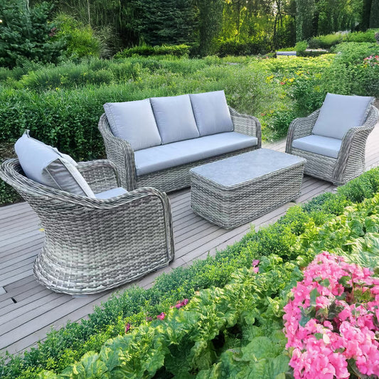 4 Piece Grey Rattan Lounge Set With Glass Top Coffee Table