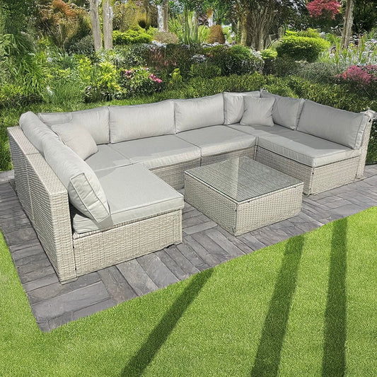 Rattan U Shaped Grey Sofa + Glass Coffee Table