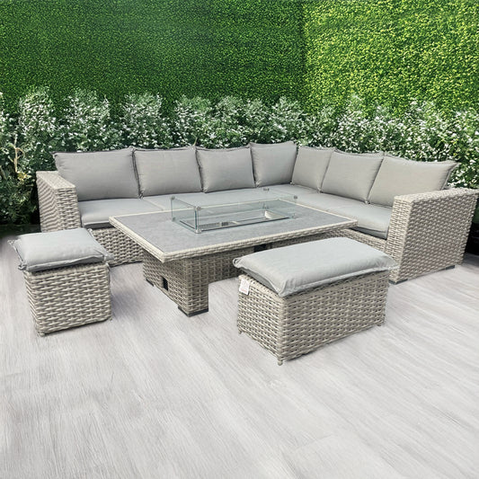 L Shaped 9 Seater Grey Rattan Patio Set With Fire Pit Table