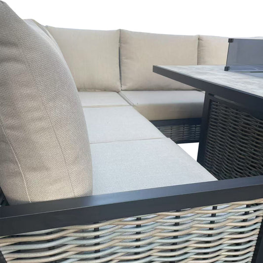 L Shaped 9 Seater Beige Rattan Patio Set With Square Fire Pit Table