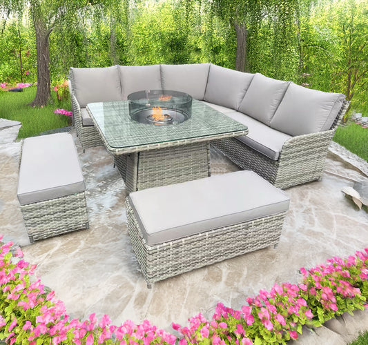 L Shaped 9 Seater Grey Rattan Patio Set With Square Fire Pit Table