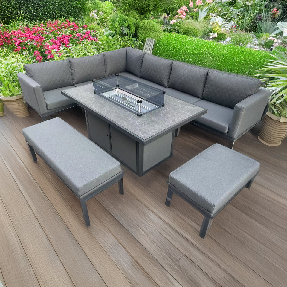 L Shaped 9 Seater Grey Garden Patio Set + Fire Pit Table