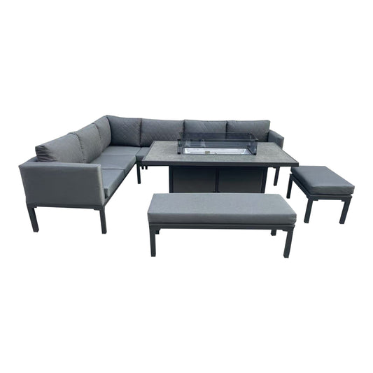 L Shaped 9 Seater Grey Garden Patio Set + Fire Pit Table