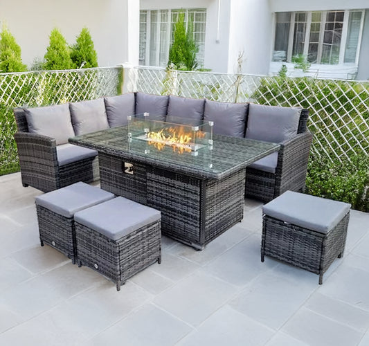 L Shaped 9 Seater Grey Rattan Patio Set With Rectangular Fire Pit Table