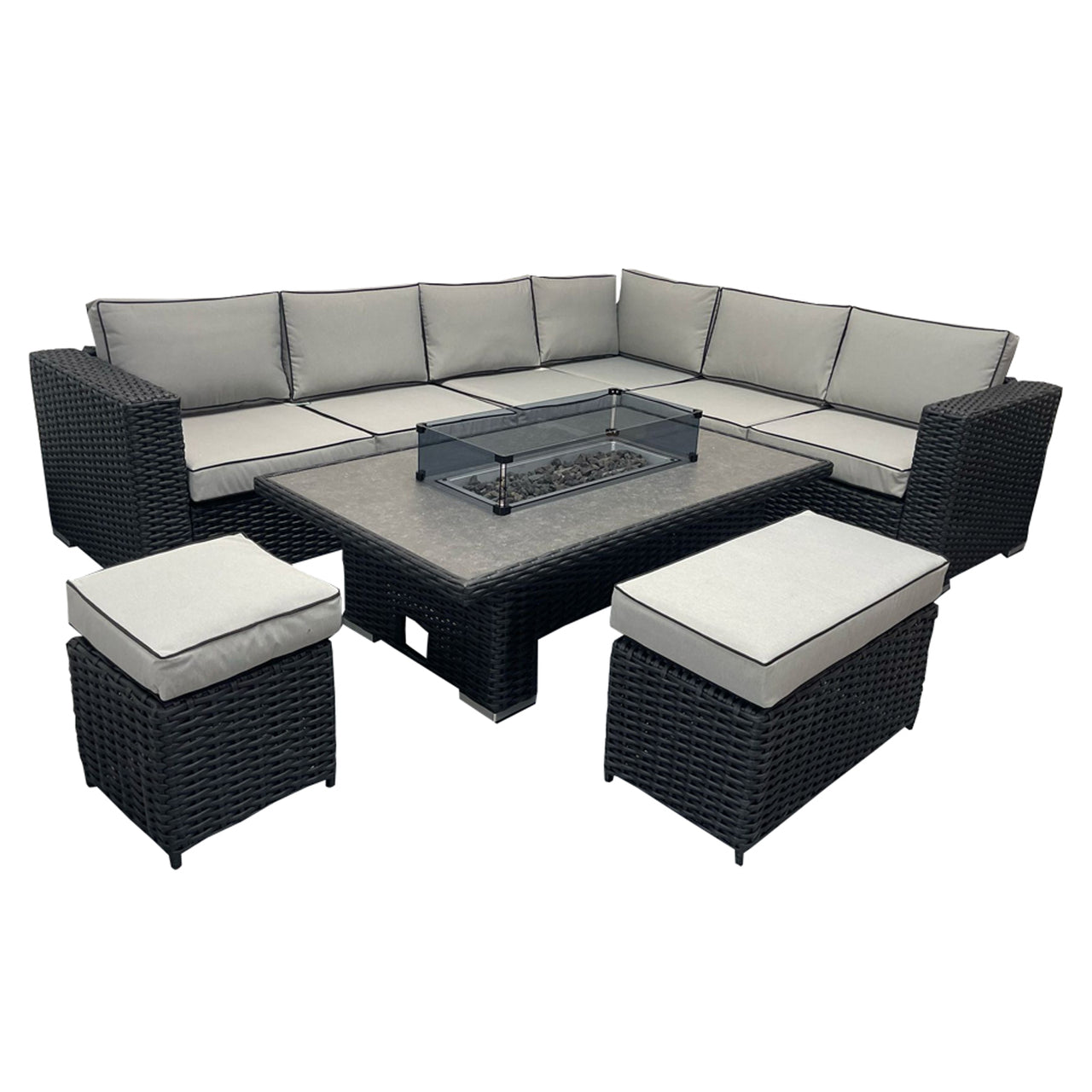 L Shaped 9 Seater Black Rattan Patio Set With Fire Pit Table